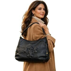 Prix De Dressage Black Leather Equestrian Embossed Handbag Italy